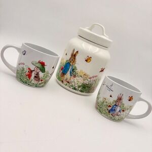 Beatrix Potter Peter Rabbit Ceramic Mug and Canister Easter Set Garden Scene